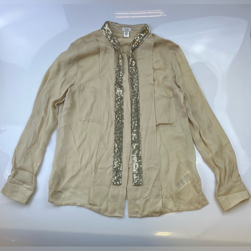 Hoss Intropia Tan Sequin Trim 100% Silk Blouse N264-61
